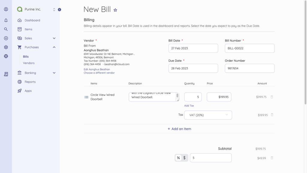 creating a bill on Akaunting