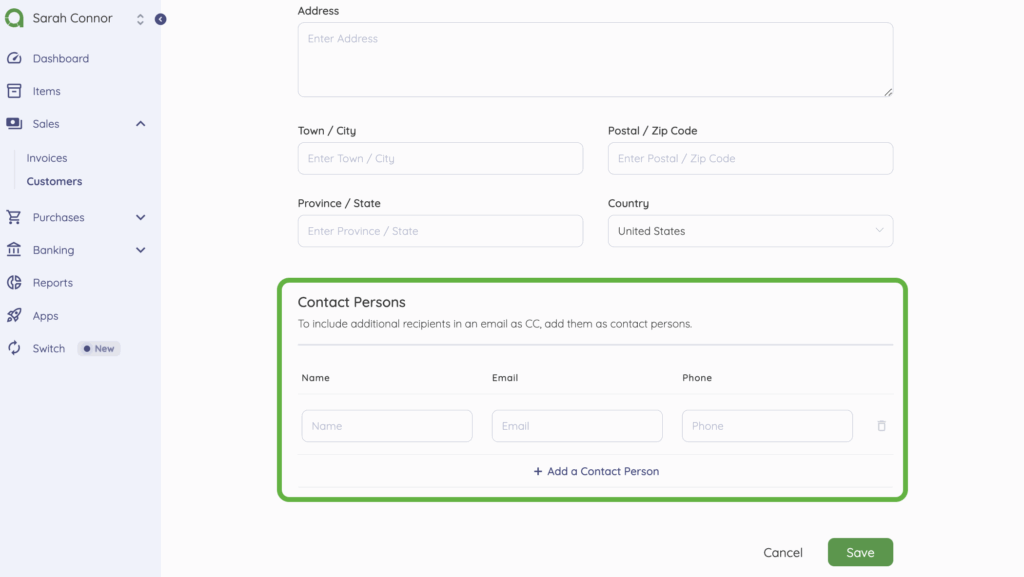 Customer's Contact Persons field