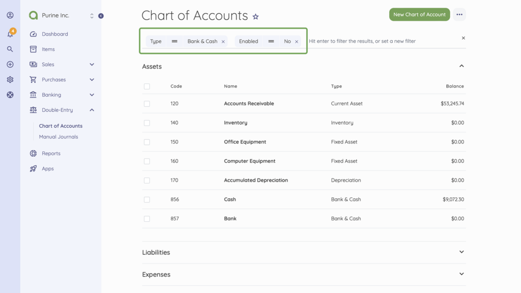 Viewing the details of a Chart of Account