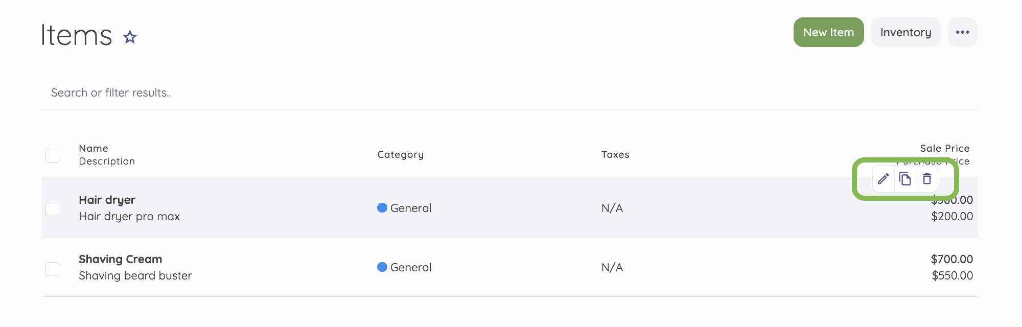 Managing Items (Products or Services) - Help Center - Akaunting